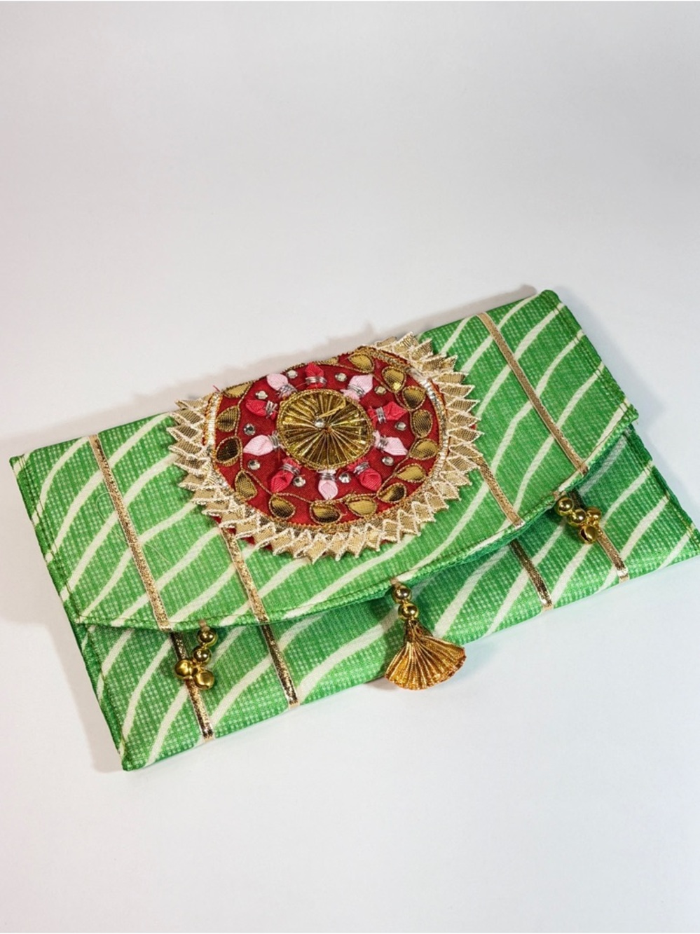 Green Embroidered Evening Clutch with Gold Tassel Accent